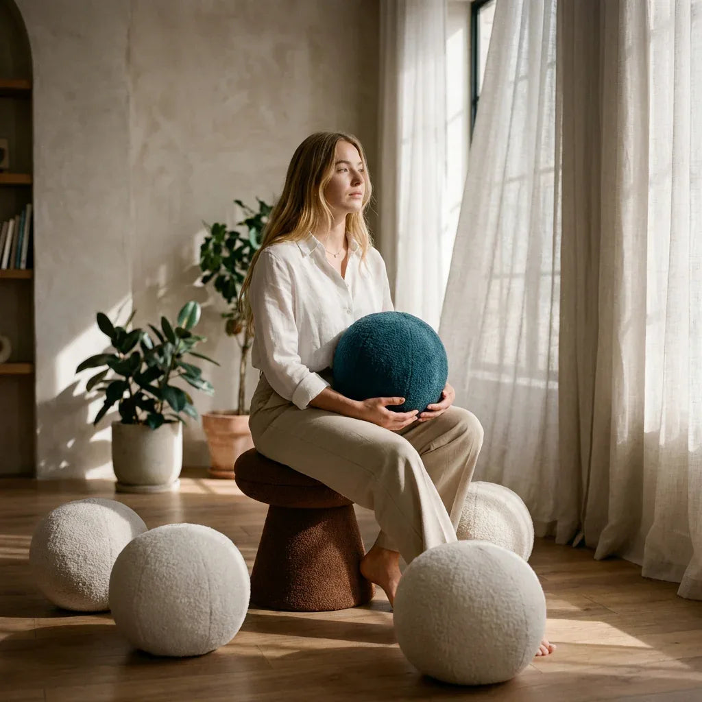 Mulher sentada em ambiente moderno com pufes decorativos, plantas e luz natural.