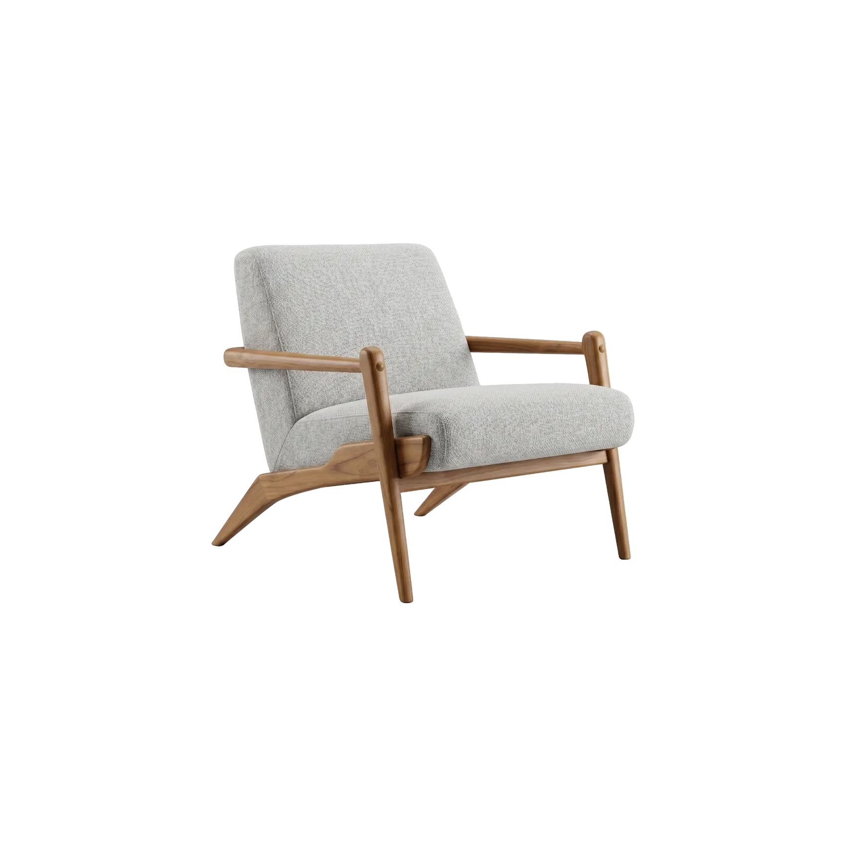 Poltrona Essencial – estrutura de madeira mid-century com estofado cinza