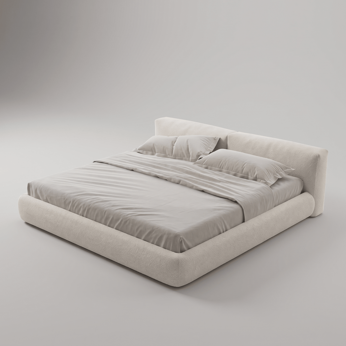 Cama estofada baixa, sem pés aparentes, vista em perspectiva