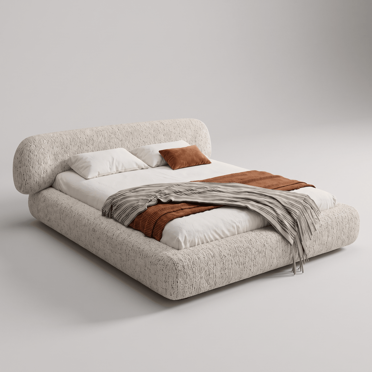 Cama estofada de base espessa e baixa, sem pés aparentes, vista em perspectiva