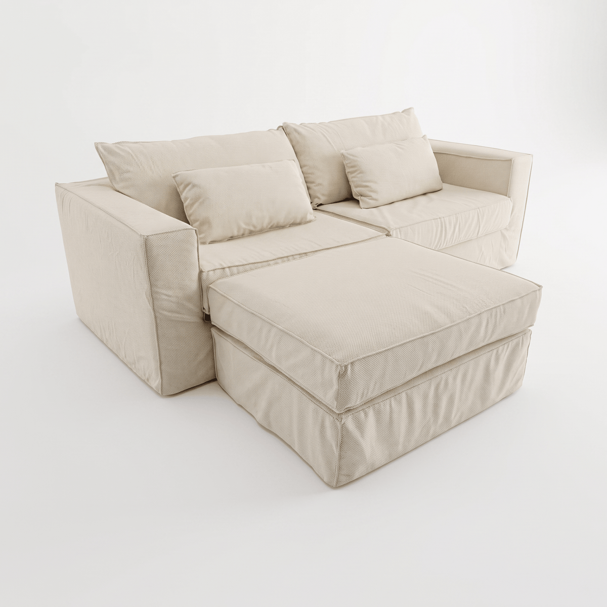 Sofá com capa, chaise alongada, almofadas superiores e cantos bem definidos