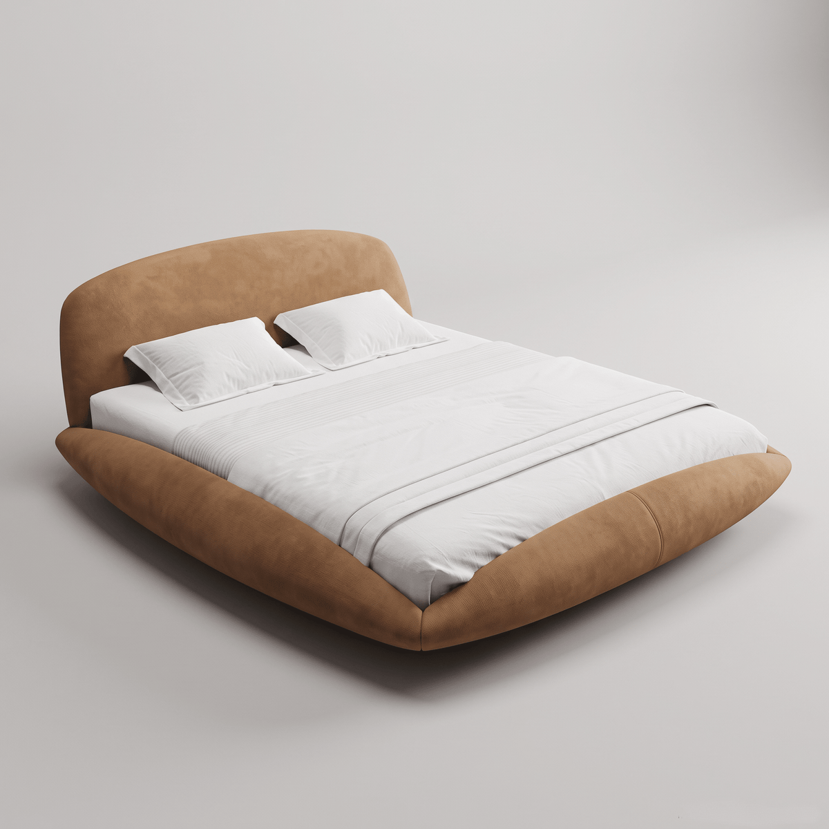 Cama estofada de base curva vista em perspectiva, com efeito de flutuar sobre o piso