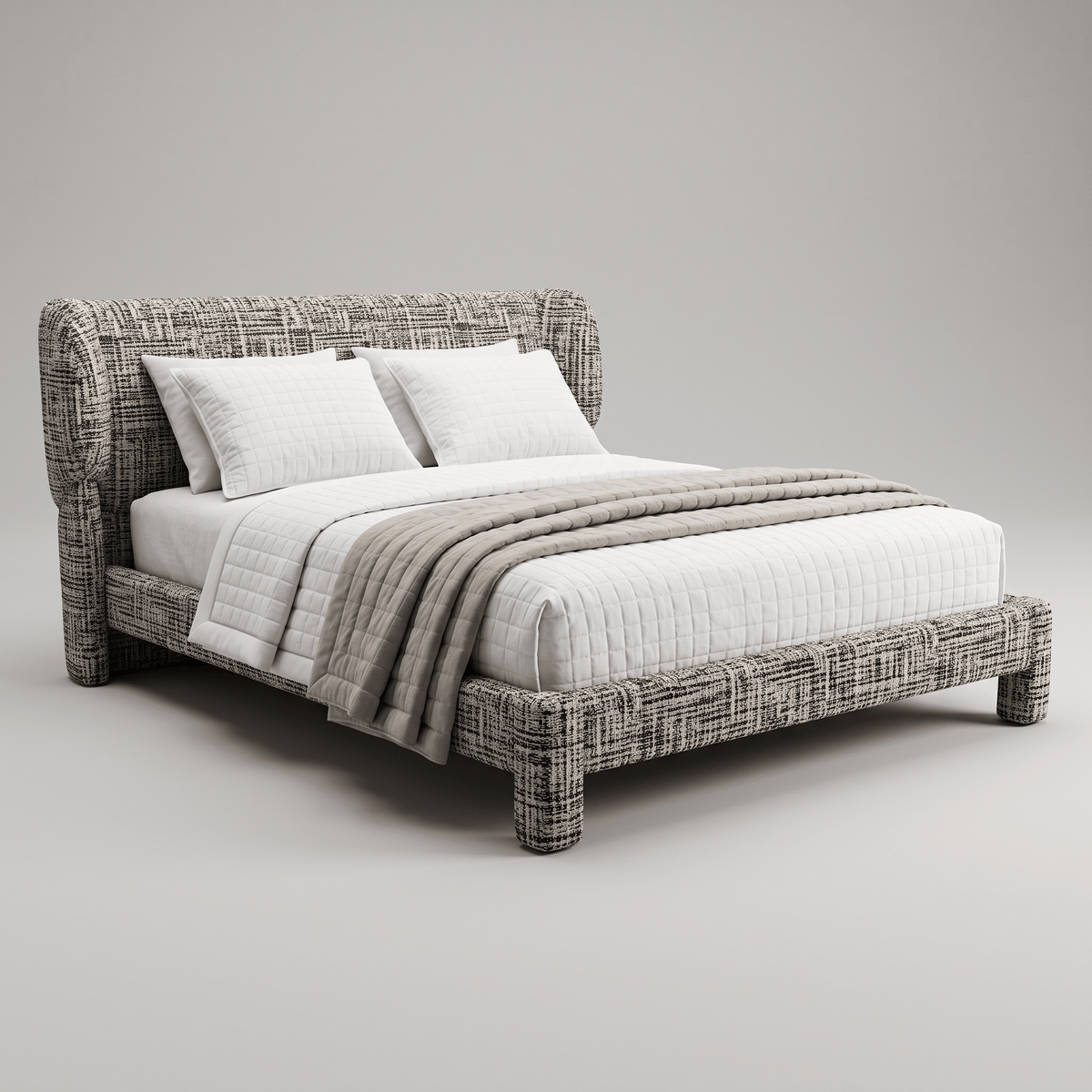 Cama estofada em tecido mesclado de aspecto tweed, com base de perfil fino e pés estofados, vista em perspectiva