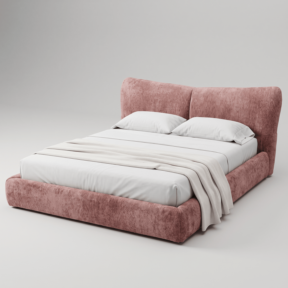 Cama estofada de base contínua com cantos arredondados, vista em perspectiva