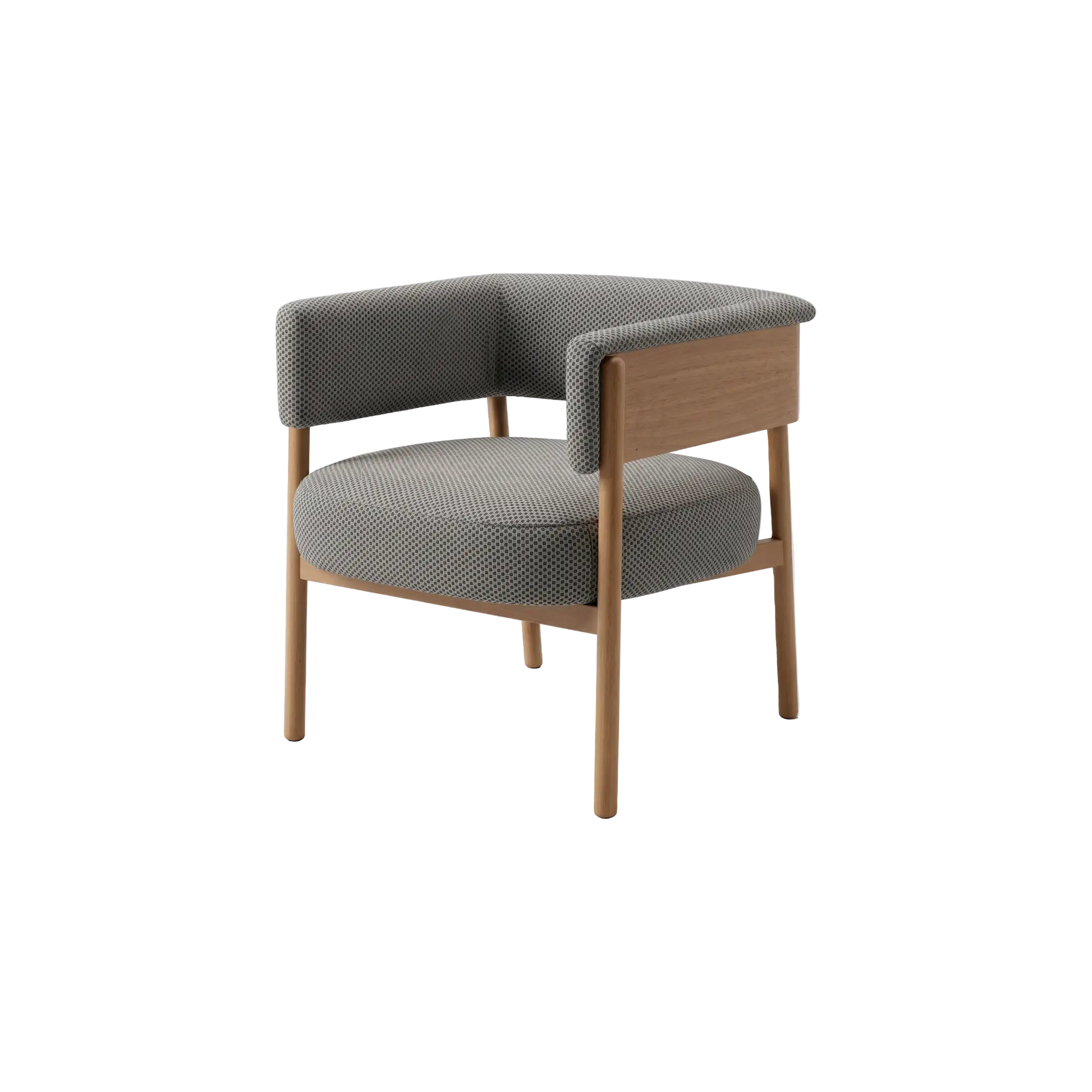 Poltrona Solara – encosto curvo wrap-around com painel de madeira natural