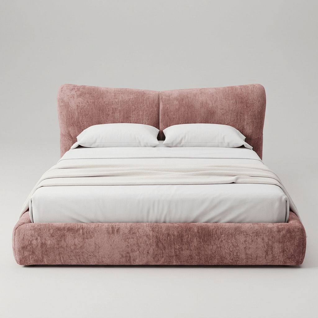 Cama estofada com cabeceira de linha superior côncava, vista frontal