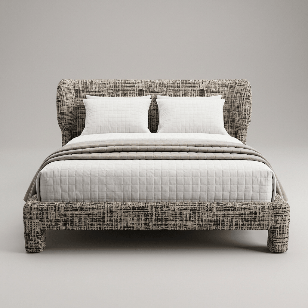 Cama estofada com cabeceira de laterais curvas que avançam sobre os travesseiros, vista frontal