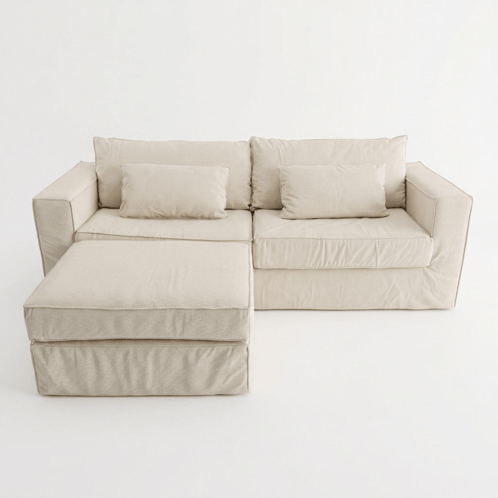 Sofá com capa, braços quadrados e chaise integrada