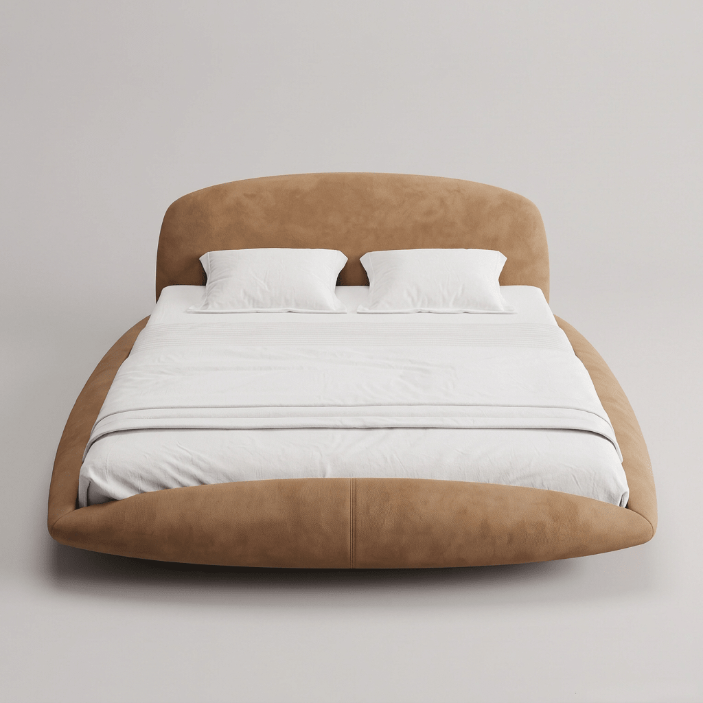 Cama estofada com cabeceira oval e base que se afina junto ao chão, vista frontal