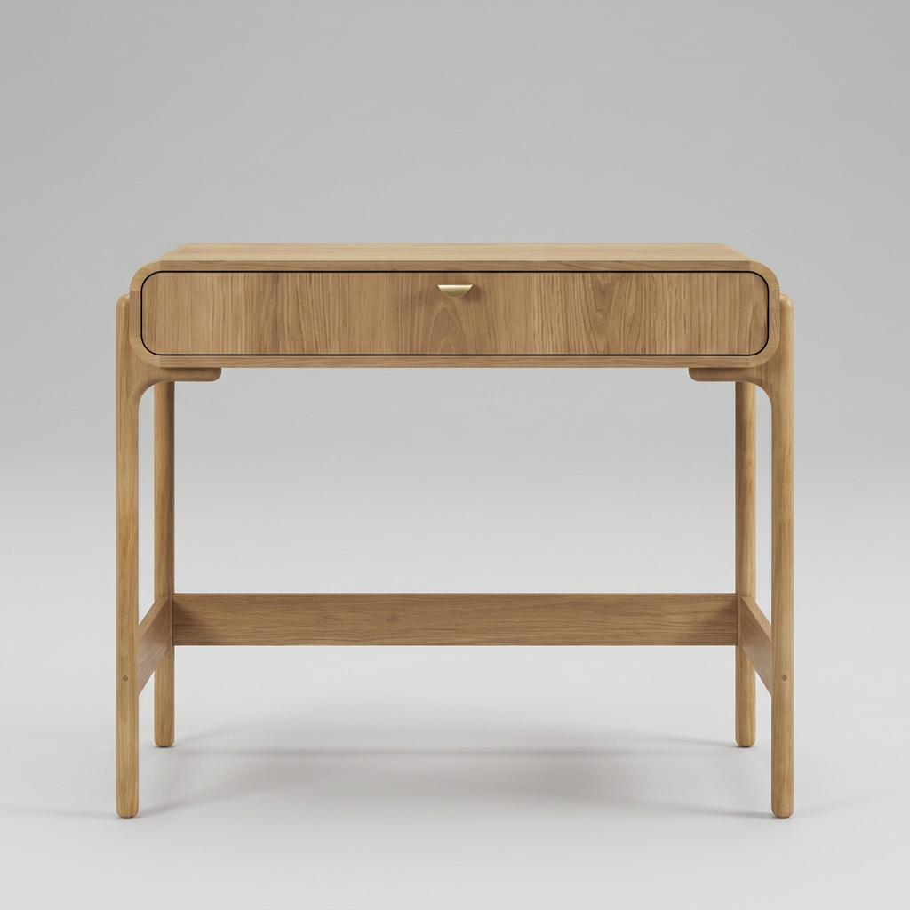 Aparador amadeirado com uma gaveta, pés retos e travessas inferiores, vista frontal