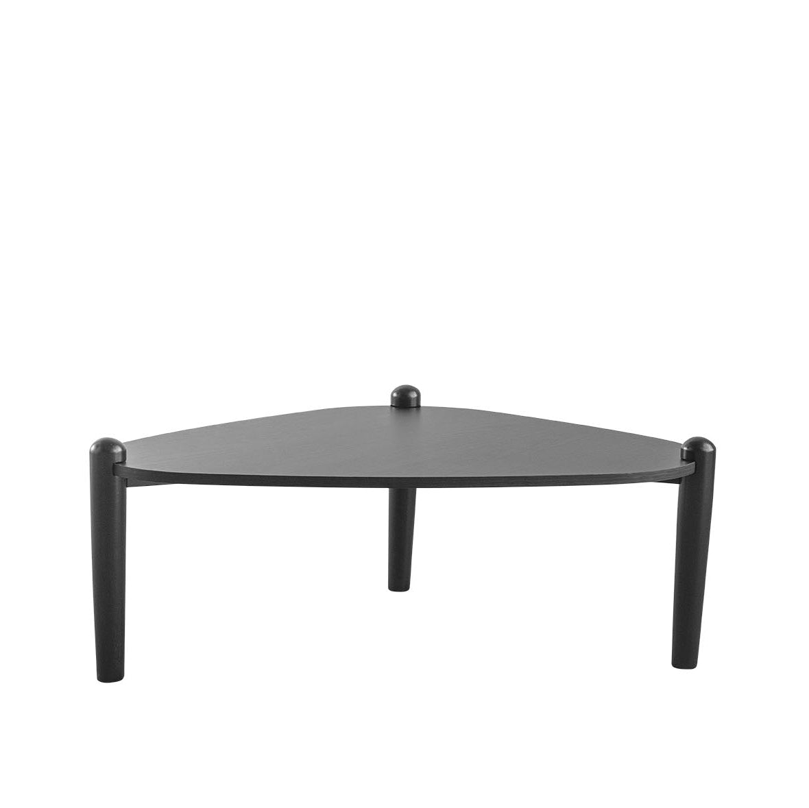 Mesa de centro baixa no acabamento Nero com tampo fino e três pés cilíndricos