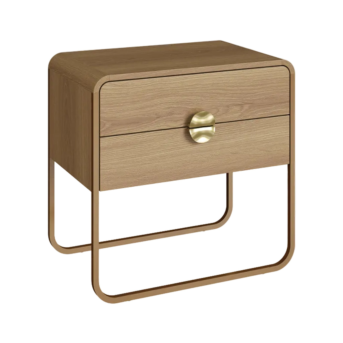 Mesa de cabeceira no acabamento Hanover com duas gavetas, puxador dourado redondo e base dourada, vista de três quartos