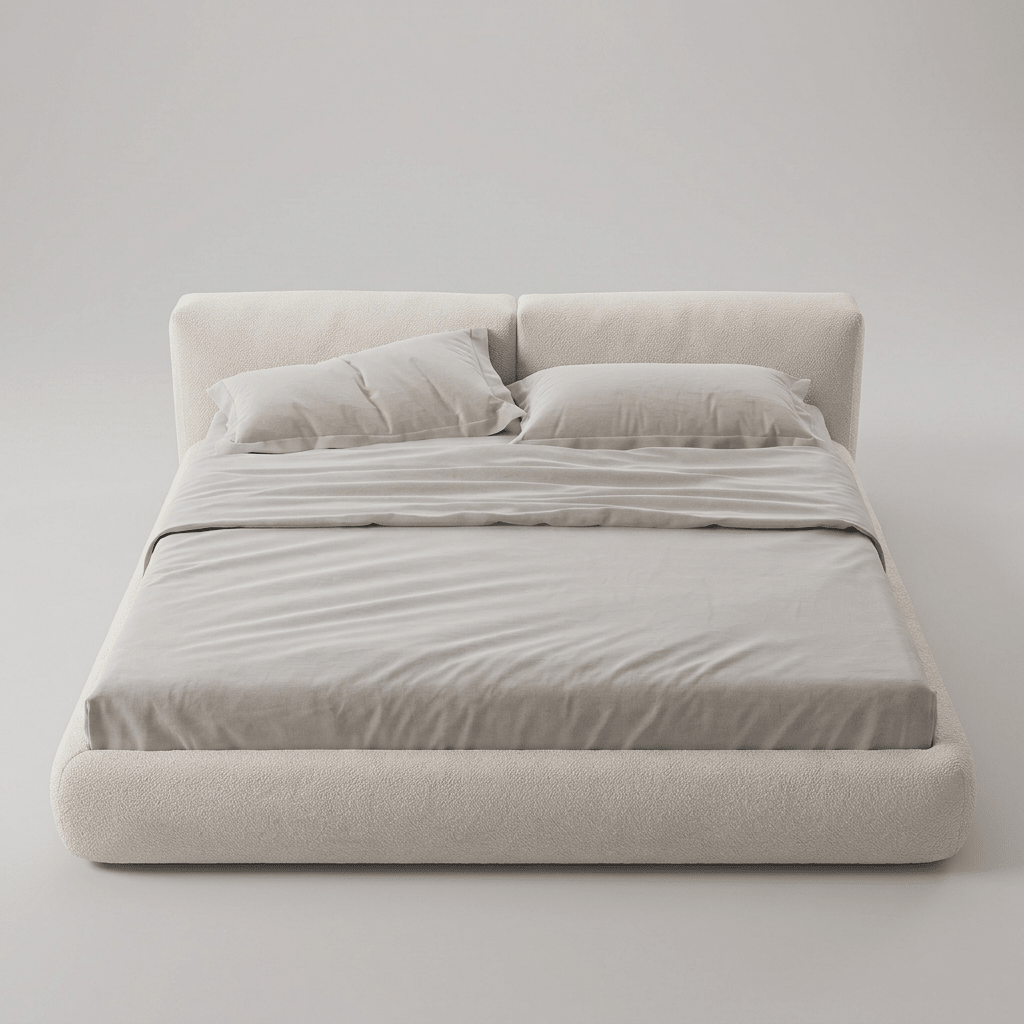 Cama estofada com cabeceira larga em dois blocos, vista frontal