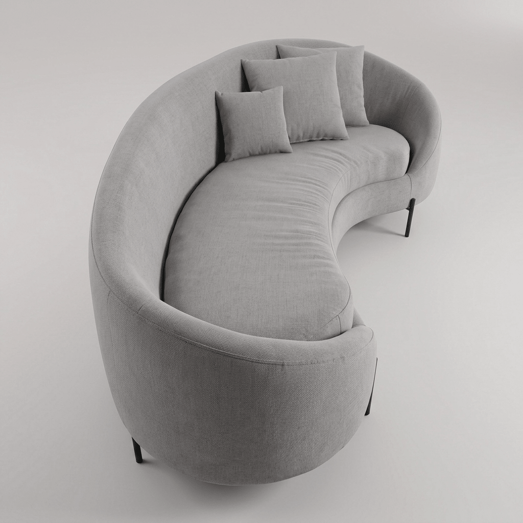 Sofá modular de assento curvo com três almofadas decorativas