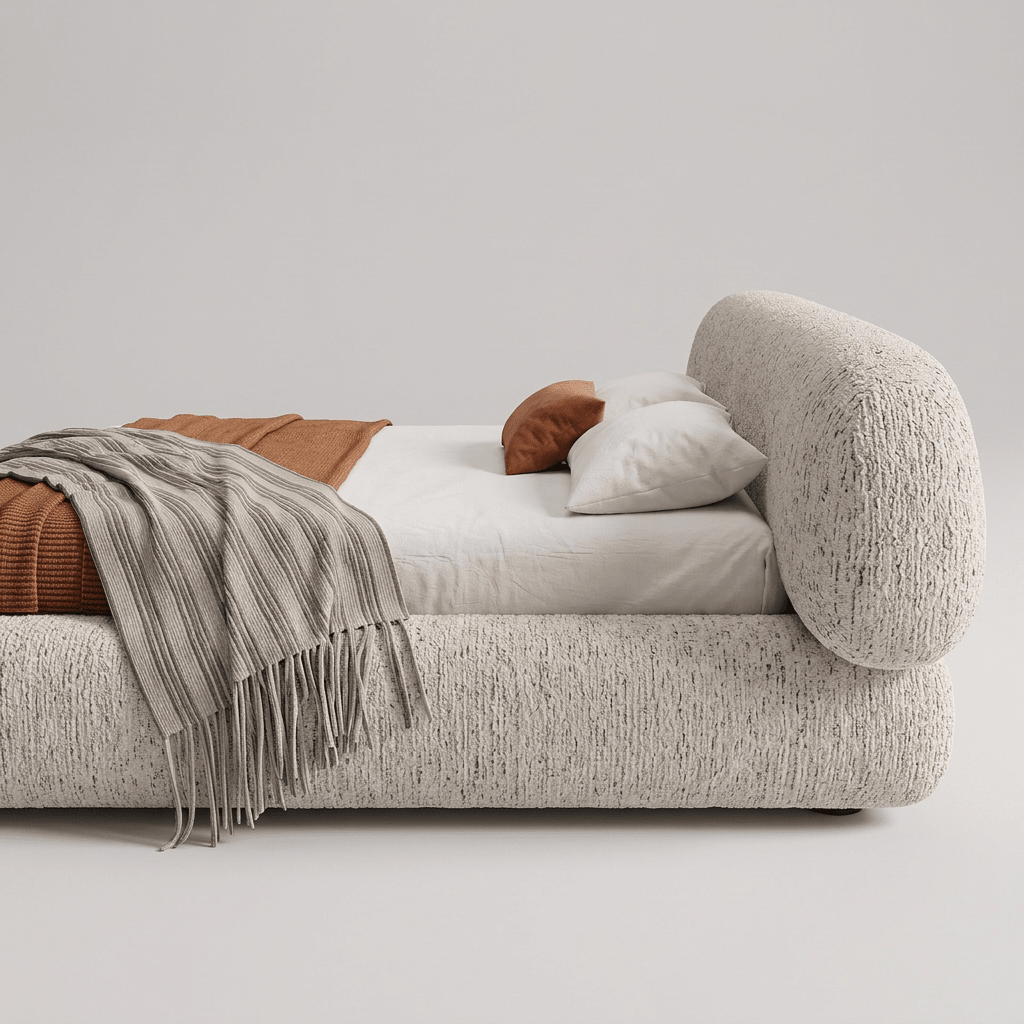 Cama estofada vista de lado, com cabeceira em curva apoiada sobre a base arredondada
