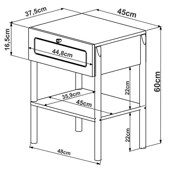Desenho técnico da mesa de cabeceira com as medidas