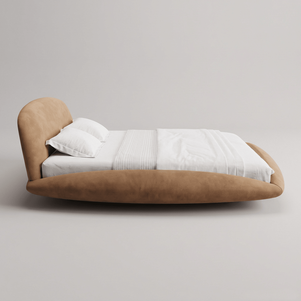 Cama estofada vista de lado, com cabeceira oval inclinada e base arredondada sem quinas