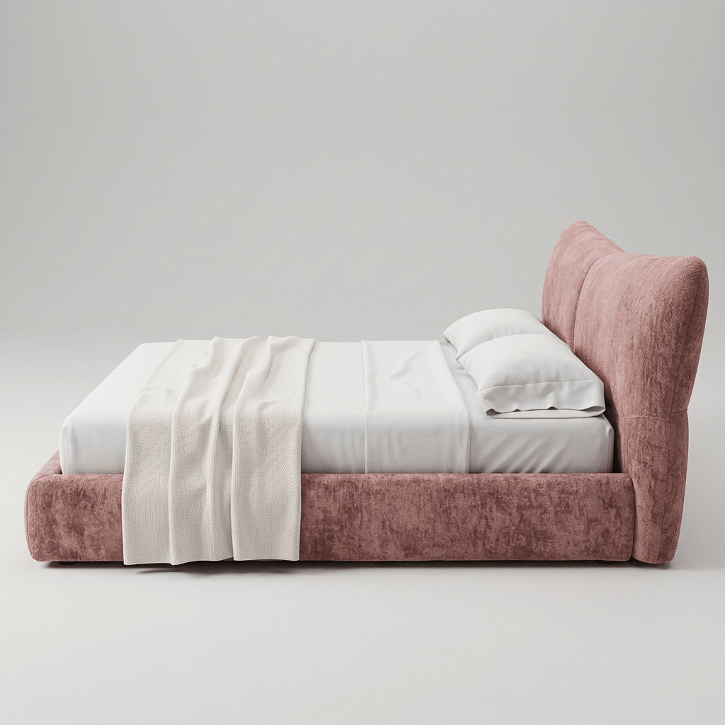 Cama estofada vista de lado, com cabeceira alta sobre base contínua