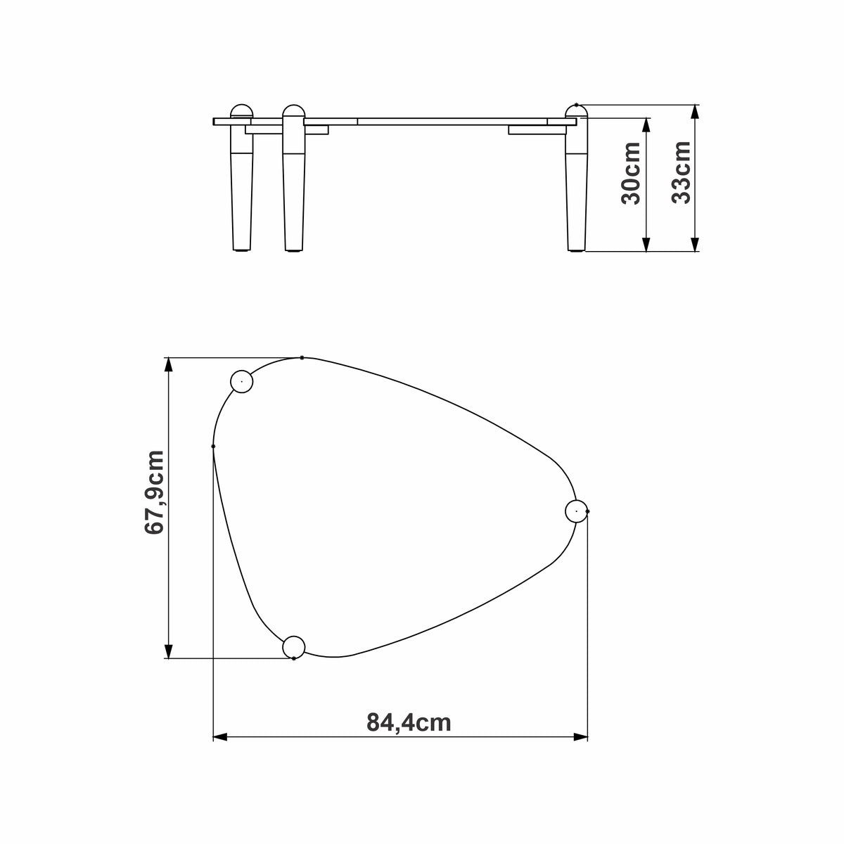 Desenho técnico da mesa de centro com as medidas