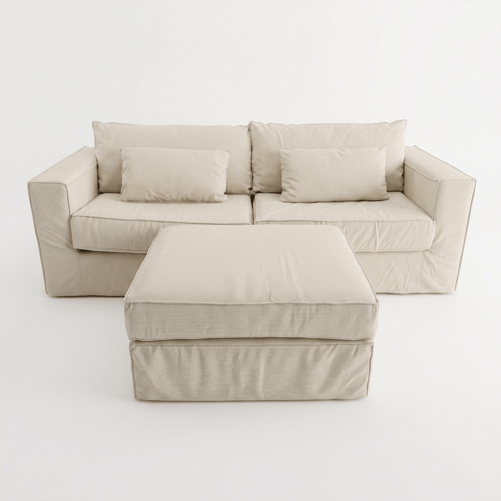 Sofá com capa, almofadas decorativas e chaise retangular