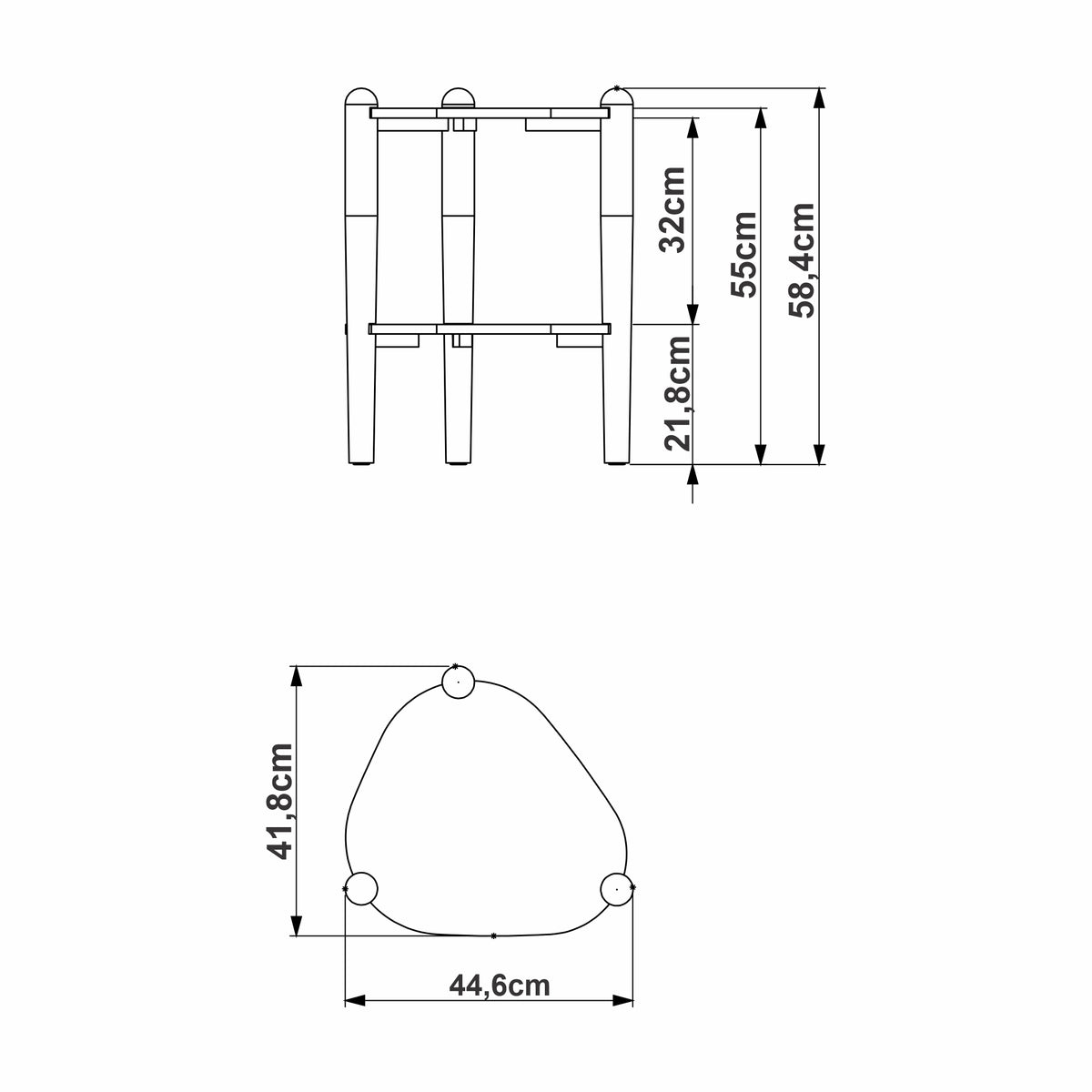 Desenho técnico da mesa lateral com as medidas