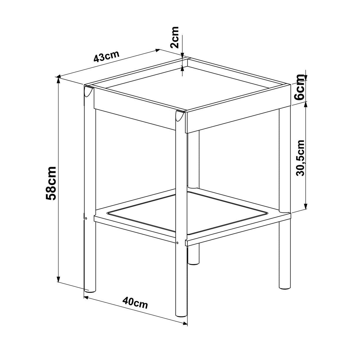 Desenho técnico da mesa lateral com as medidas