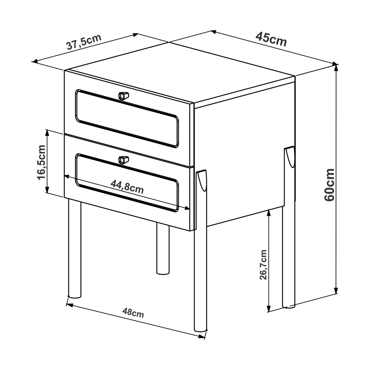 Desenho técnico da mesa de cabeceira com as medidas