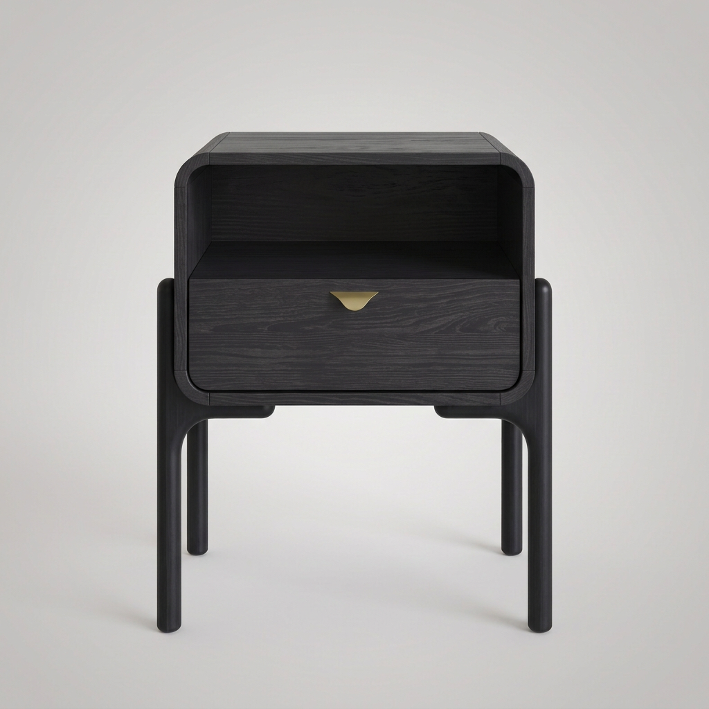 Mesa de cabeceira no acabamento Nero com nicho aberto e gaveta com puxador dourado, vista frontal