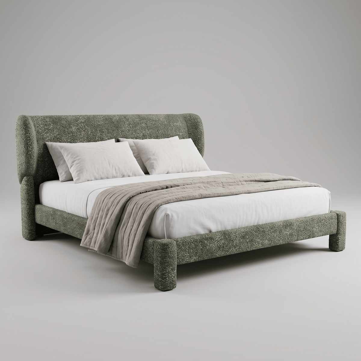 Cama estofada com cabeceira envolvente e pés robustos em outra opção de revestimento, de textura lisa
