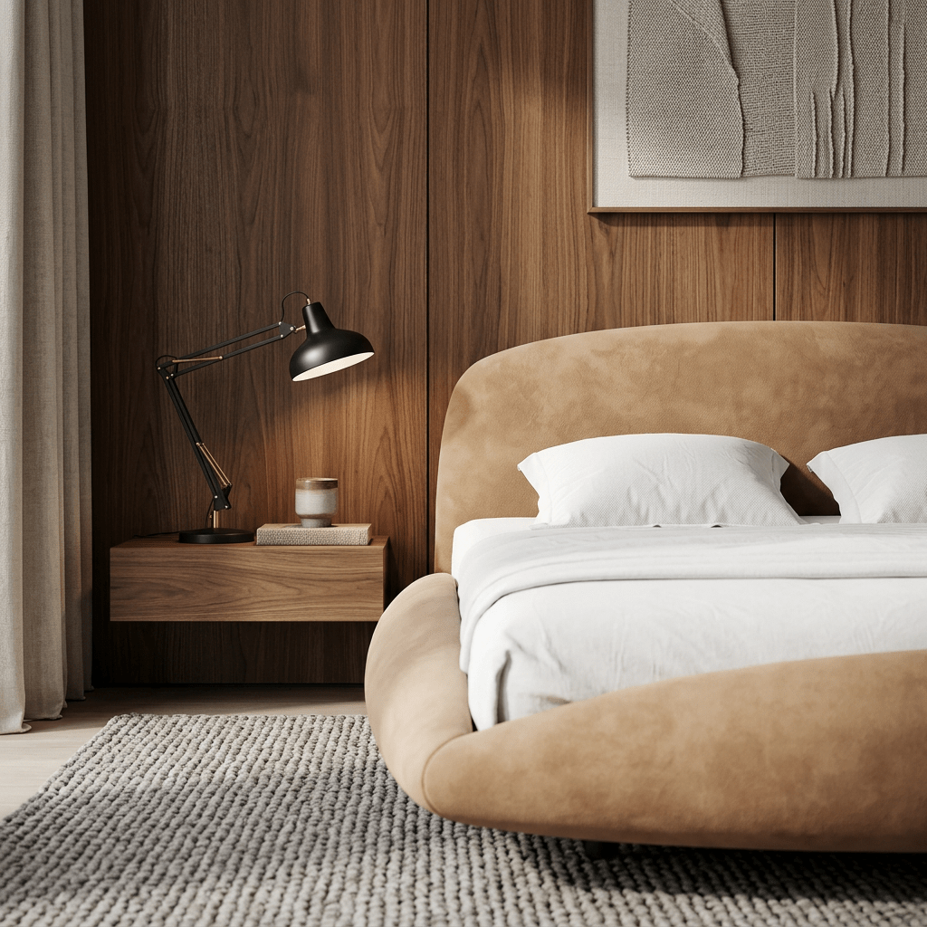 Cama estofada de cabeceira oval em quarto com painel de madeira e luminária de mesa articulada