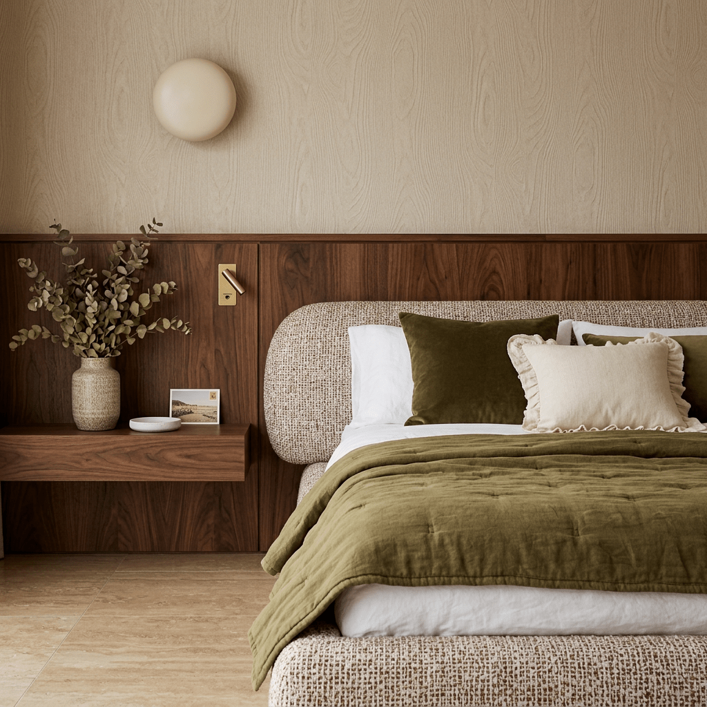Cama estofada com cabeceira em curva em quarto com painel de madeira escura e arandela redonda