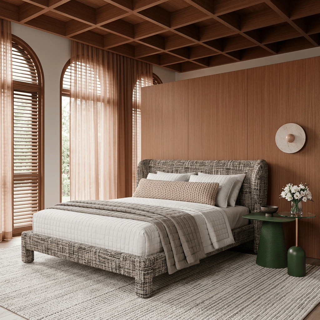 Cama estofada com cabeceira envolvente em quarto com forro de madeira, janelas em arco e mesa lateral verde