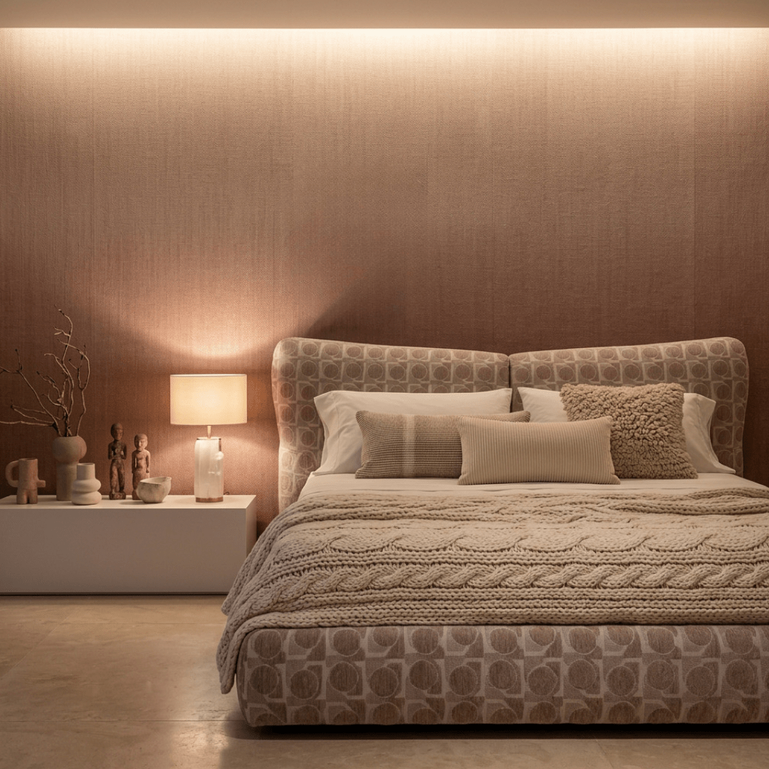 Cama estofada com cabeceira em dois volumes, em revestimento estampado, em quarto com iluminação indireta e abajur