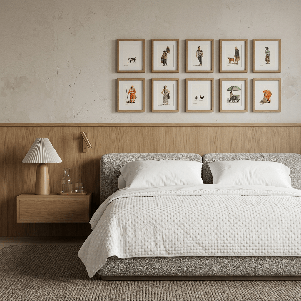 Cama estofada de cabeceira em bloco em quarto com painel de madeira, quadros e abajur plissado