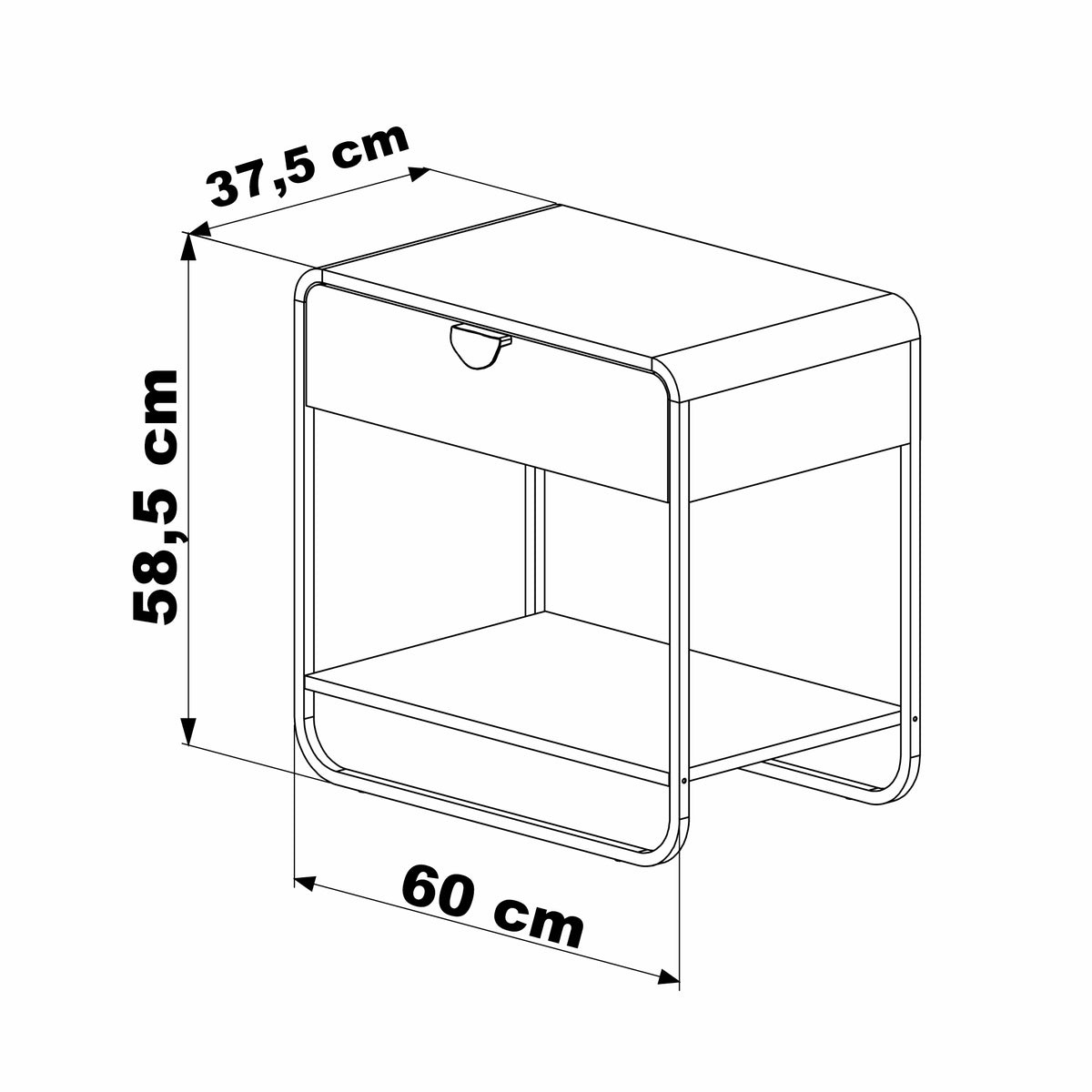 Desenho técnico da mesa de cabeceira com as medidas
