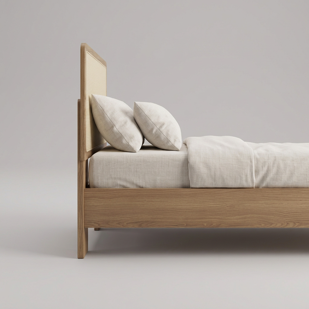 Cama de solteiro com roupa de cama clara e travesseiros, vista lateral parcial