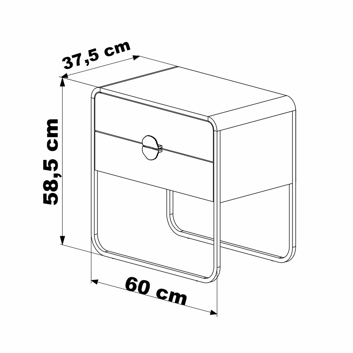 Desenho técnico da mesa de cabeceira com as medidas