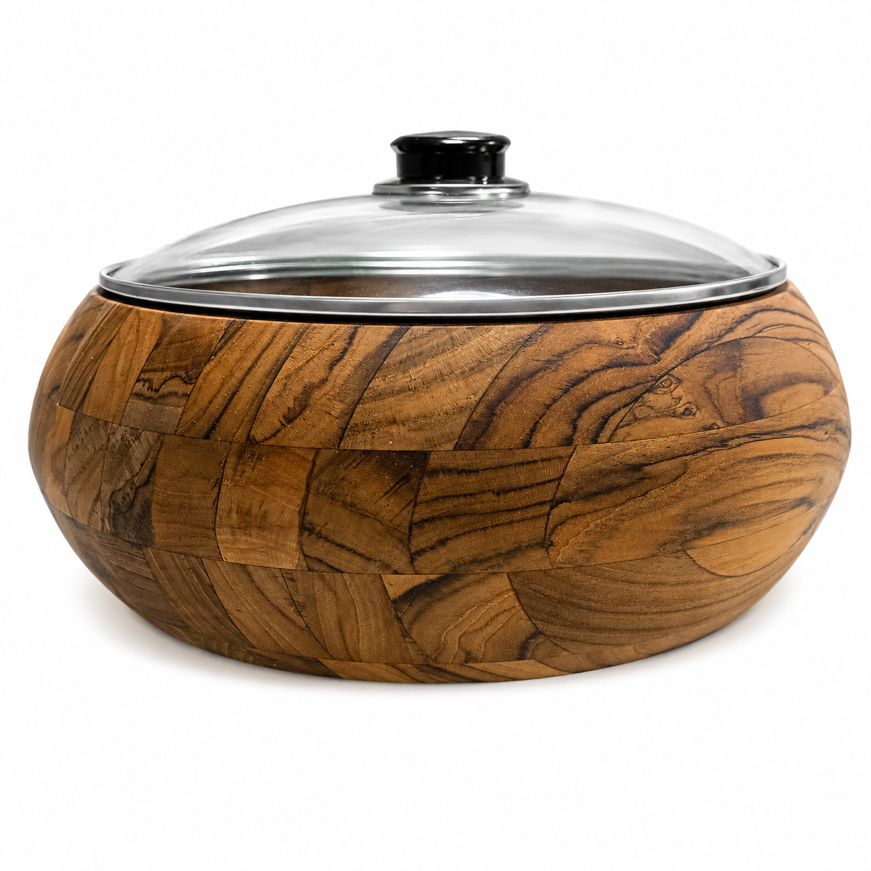 Bowl de madeira teca com tampa de vidro transparente e knob preto