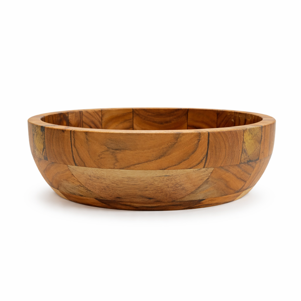Bowl baixo e largo de madeira teca maciça, com acabamento liso no interior