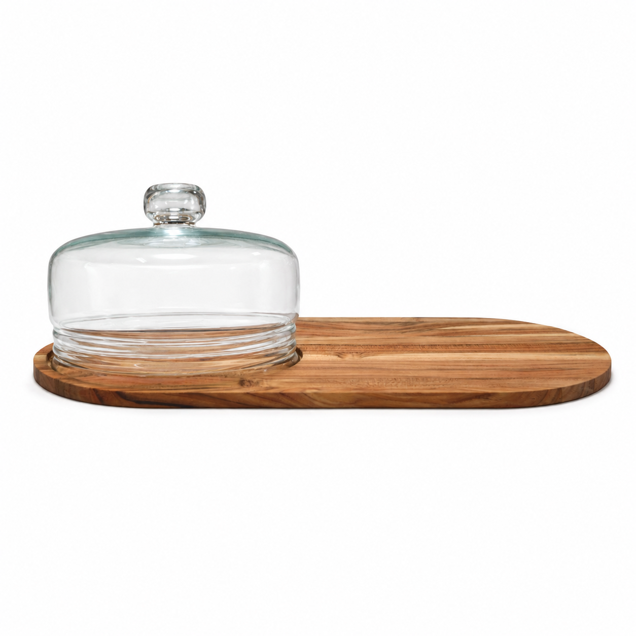 Travessa de madeira teca com tampa de vidro transparente e base oval