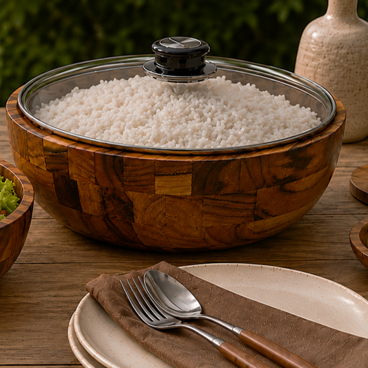 Bowl de madeira teca com tampa preta, cheio de arroz branco