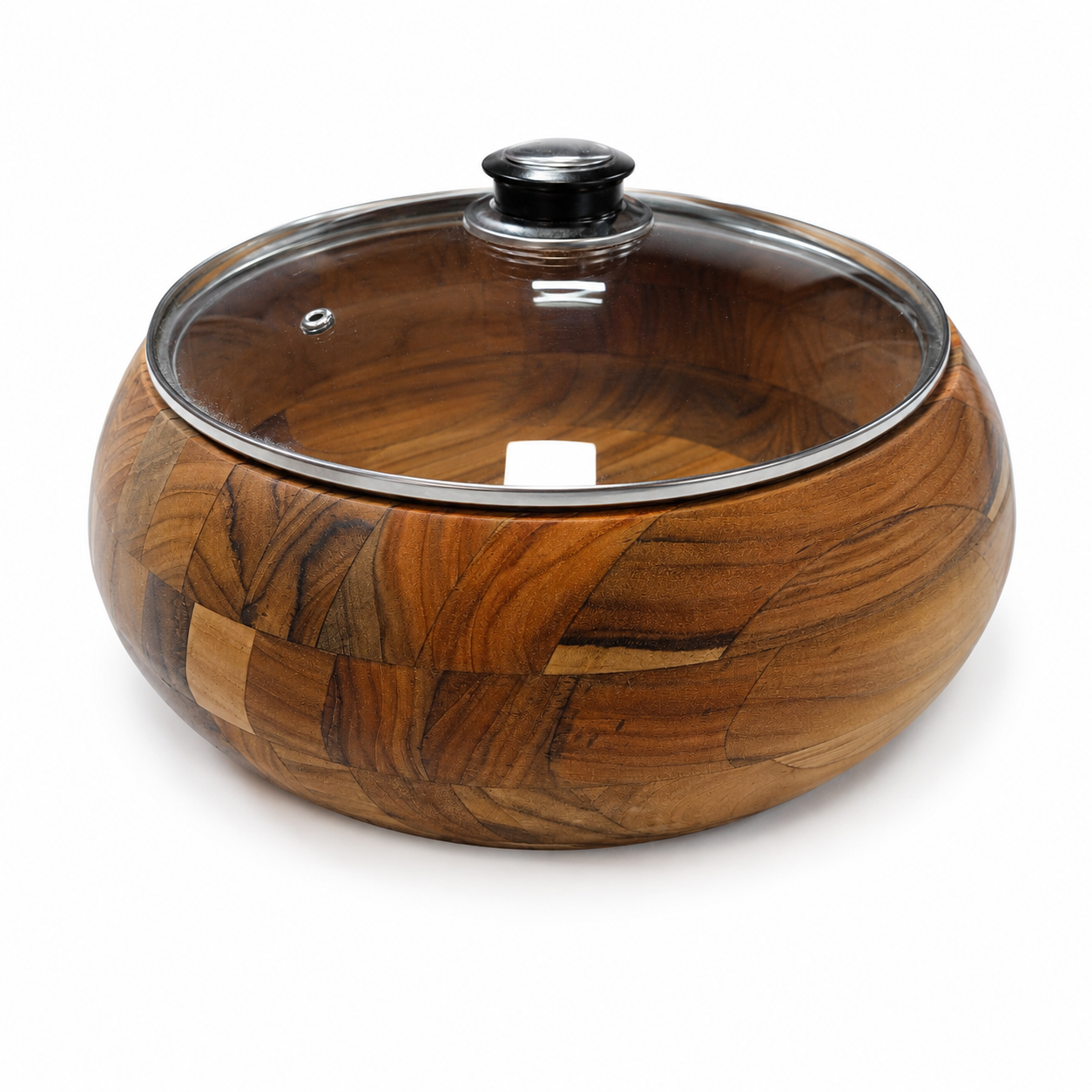 Bowl redondo de teca com tampa de vidro e puxador preto