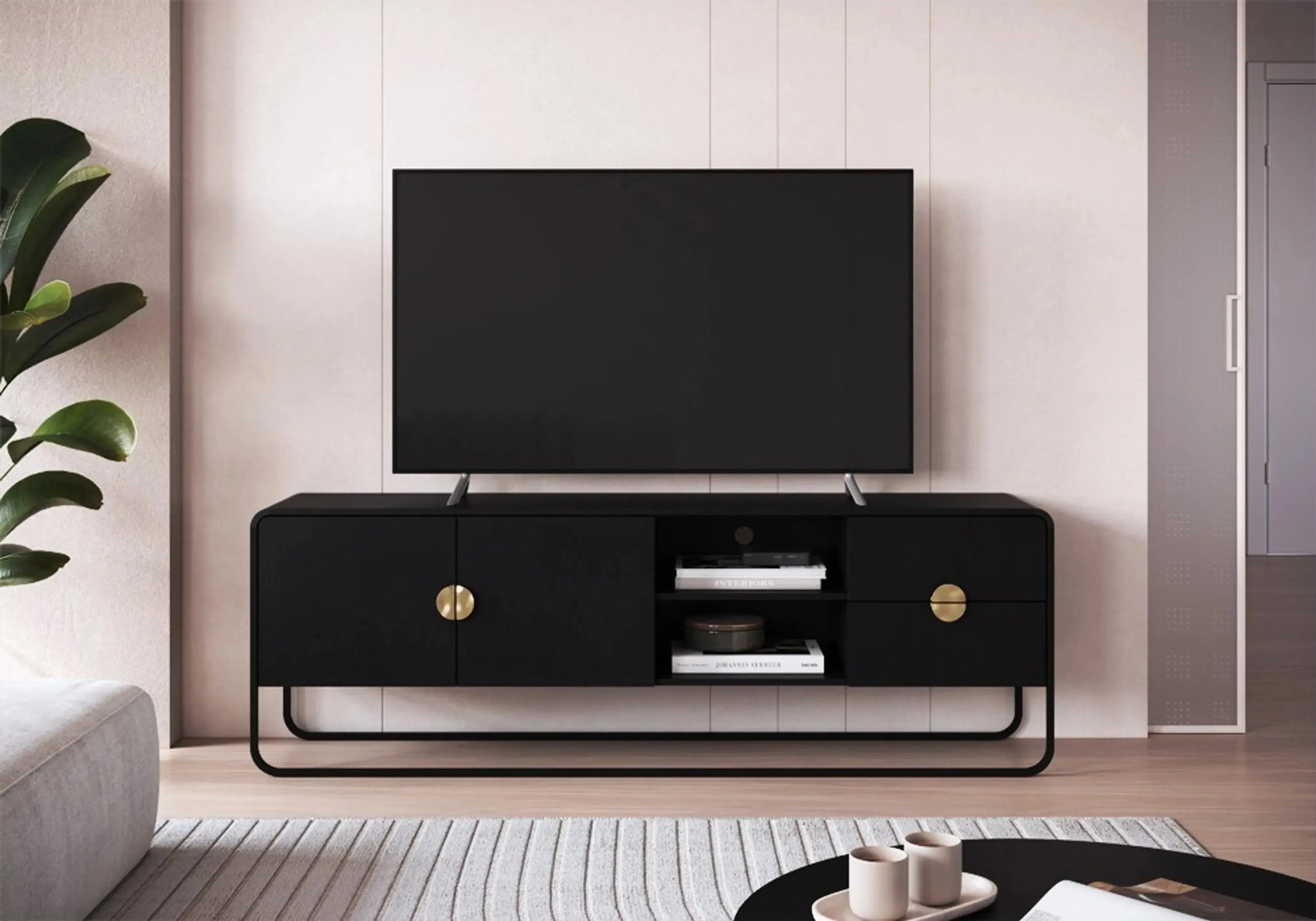 Rack Dalia 180cm 2 Portas e 2 Gavetas acabamento Nero/Preto com pés metálicos