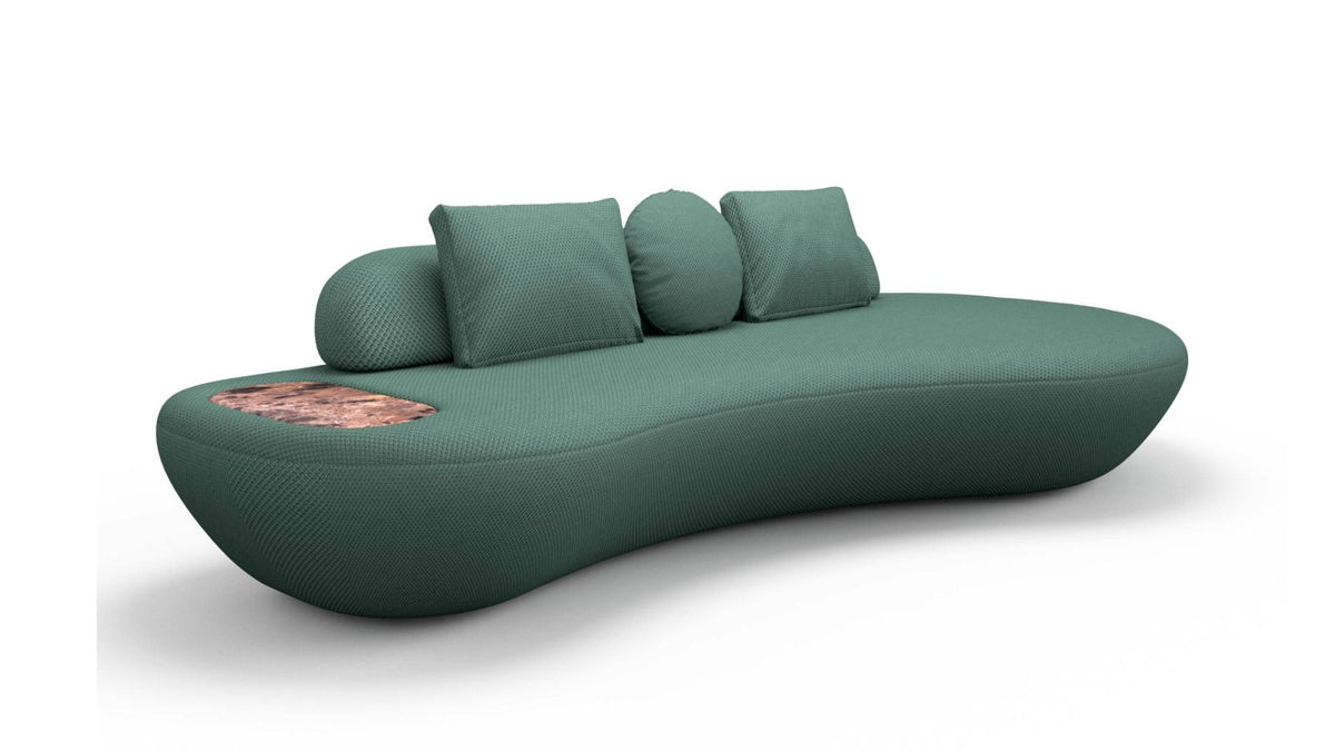 Sofá Enzo verde com chaise, base larga e almofadas decorativas