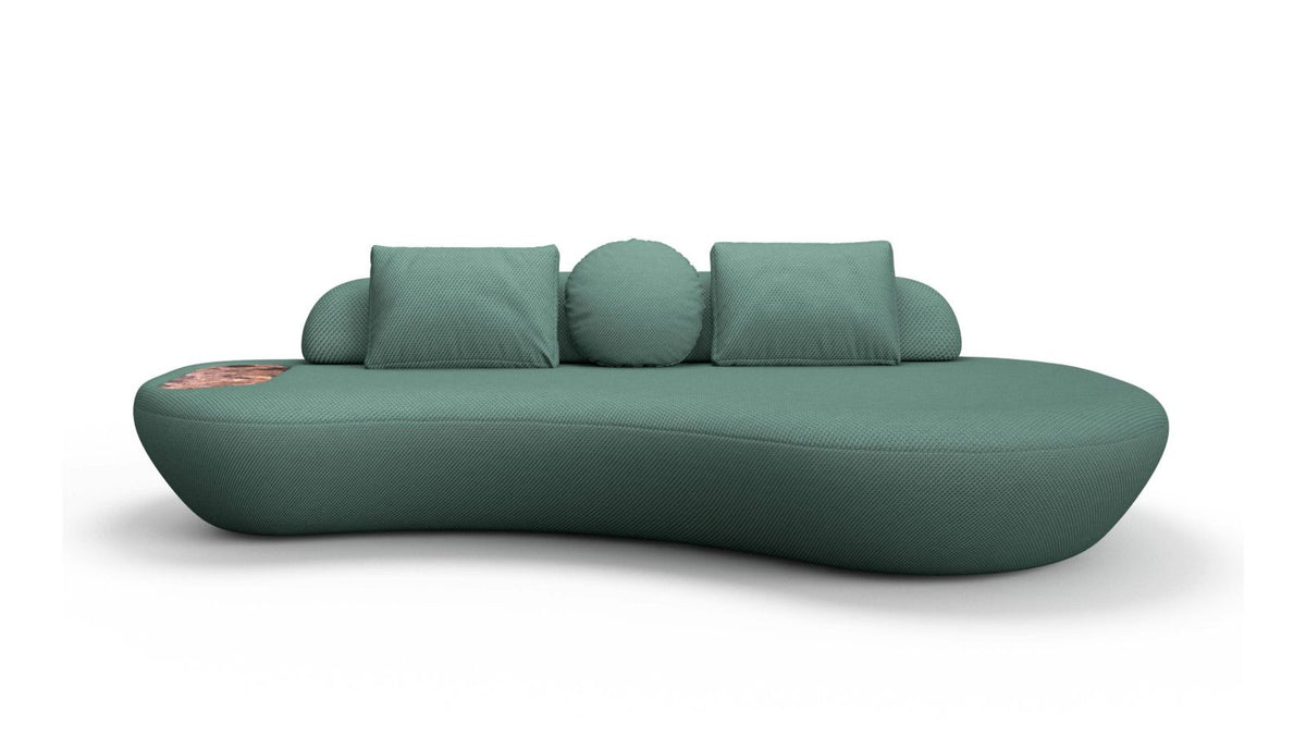 Sofá Enzo verde com chaise e três almofadas no encosto