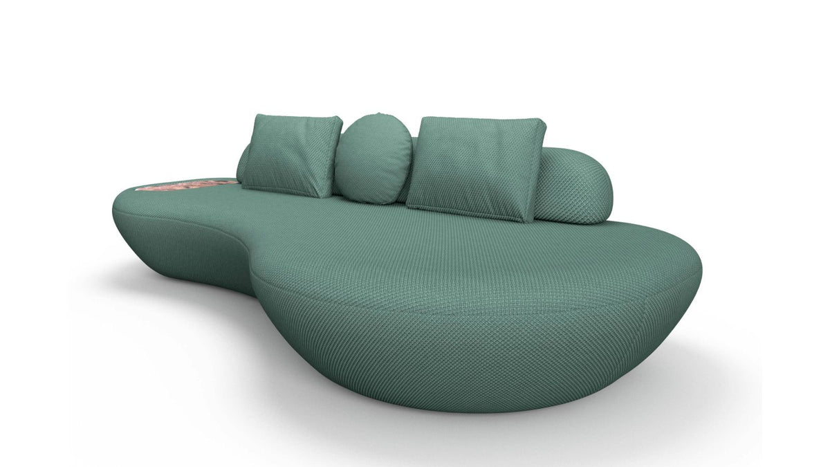 Sofá Enzo verde com chaise e assento em formato arredondado