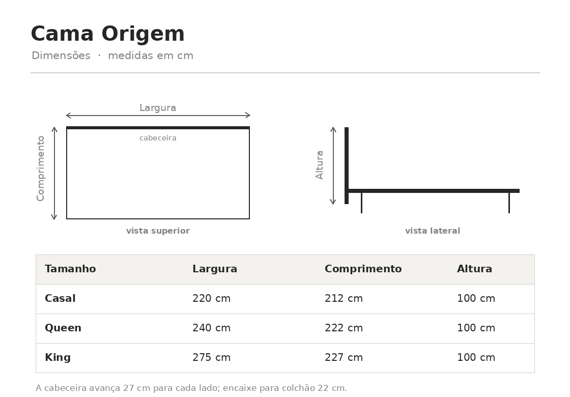 Desenho técnico — Cama Origem (medidas em cm)