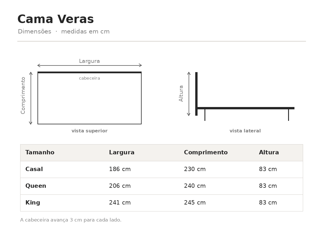 Desenho técnico — Cama Veras (medidas em cm)