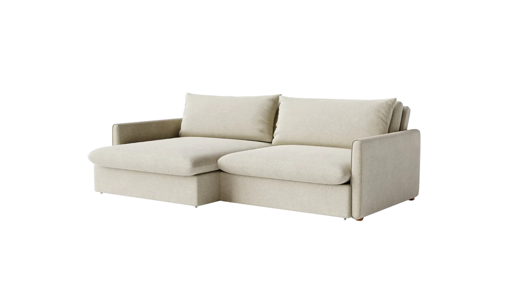 Sofá retrátil bege de design contemporâneo com assento duplo e almofadas grandes
