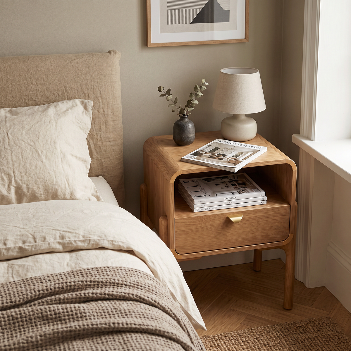Mesa de cabeceira amadeirada em quarto com cama de roupa bege, abajur branco e revistas no nicho